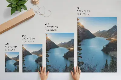 Poster majestic mountains, lake, and sun in harmony with nature