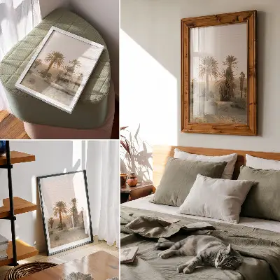 Premium wall art palm trees, sun, and gentle dunes in warm colors