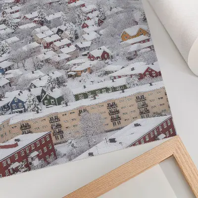 Decorative poster featuring colorful houses in the winter mountains with a nature-inspired design