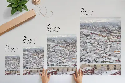 Decorative poster featuring colorful houses in the winter mountains with a nature-inspired design