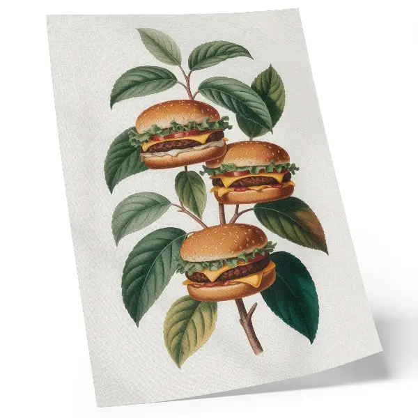 Art print featuring hamburgers growing on the branches of a green tree