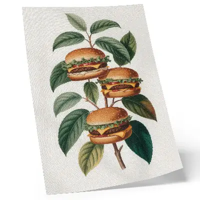 Art print featuring hamburgers growing on the branches of a green tree