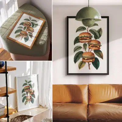 Art print featuring hamburgers growing on the branches of a green tree