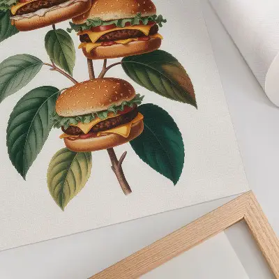 Art print featuring hamburgers growing on the branches of a green tree