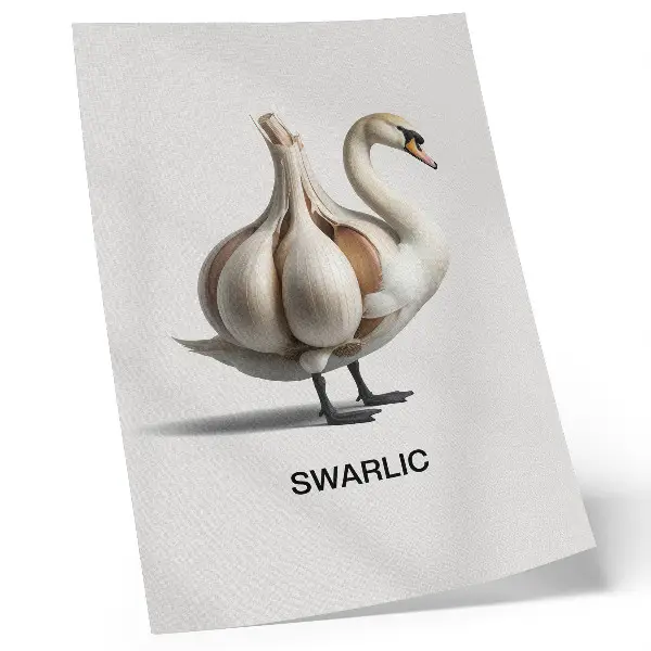 Premium wall art surrealist swan and garlic composition