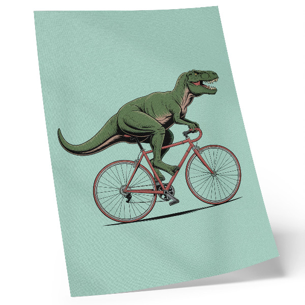 Poster Green dinosaur on a bike on a turquoise background