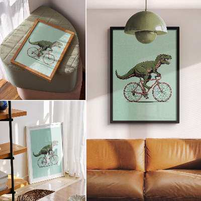Poster Green dinosaur on a bike on a turquoise background
