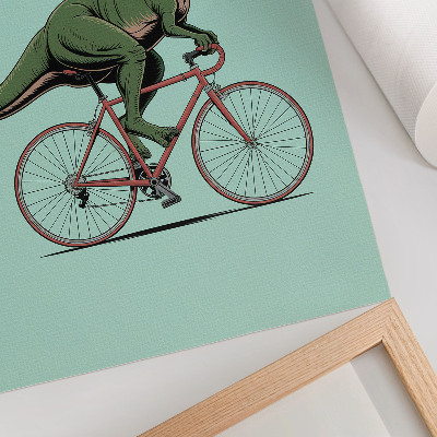 Poster Green dinosaur on a bike on a turquoise background