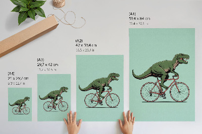 Poster Green dinosaur on a bike on a turquoise background