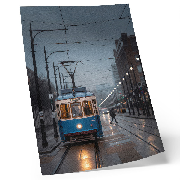 Premium wall art Blue tram rainy day city life