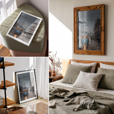 Premium wall art Blue tram rainy day city life