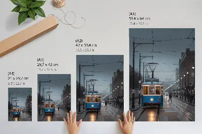 Premium wall art blue tram on a rainy day in the city