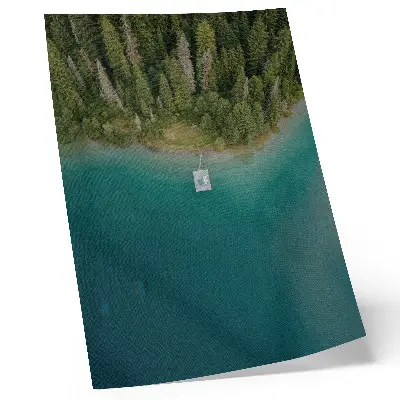 Art print forest lake bridge in green and blue