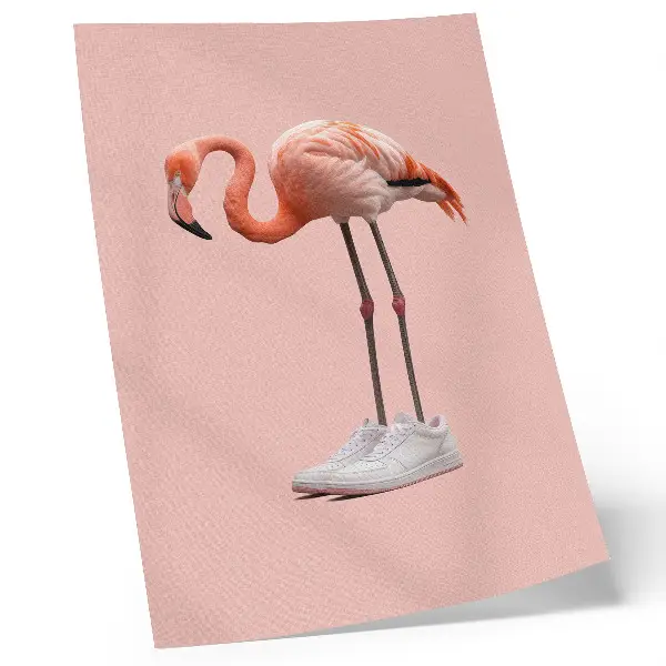 Poster flamingo-colored athletic footwear on a pink background