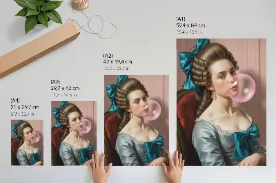 Premium wall art portrait of a woman with bubble gum in a retro style