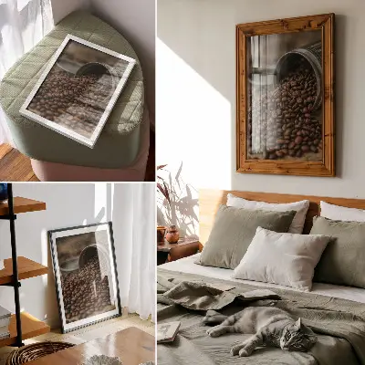 Premium wall art coffee beans in a scattered composition from a metal can