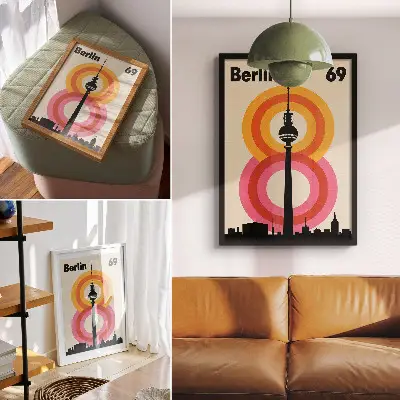 Decorative poster featuring a retro atmosphere with colorful circular tower rings