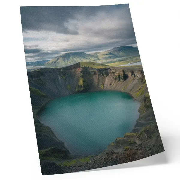 Decorative poster featuring a turquoise lake with mountains and beautiful clouds