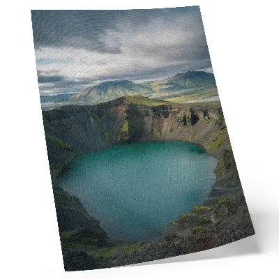 Decorative poster featuring a turquoise lake with mountains and beautiful clouds