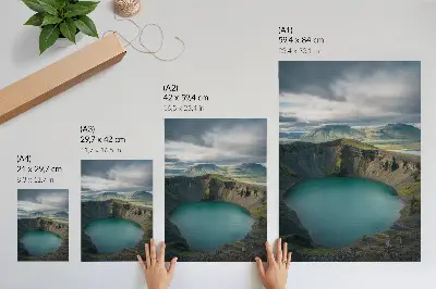 Decorative poster featuring a turquoise lake with mountains and beautiful clouds