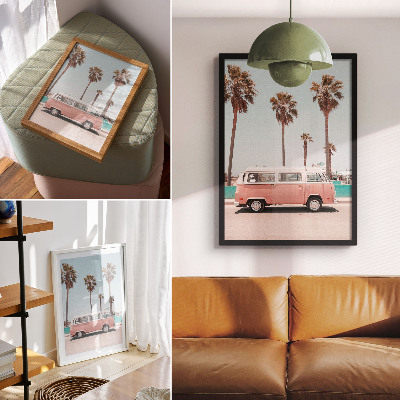 Premium wall art Pink car, blue sky, tall palm trees