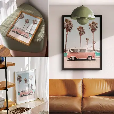 Premium wall art pink car under a blue sky with tall palm trees