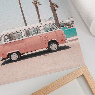Premium wall art Pink car, blue sky, tall palm trees