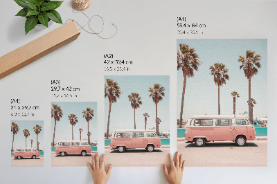 Premium wall art Pink car, blue sky, tall palm trees