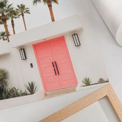 Poster palm trees and modern architecture featuring vivid colors