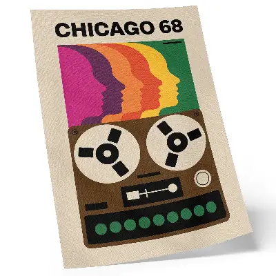 Art print featuring colorful silhouettes of a retro tape recorder
