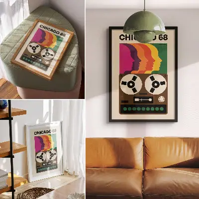 Art print featuring colorful silhouettes of a retro tape recorder