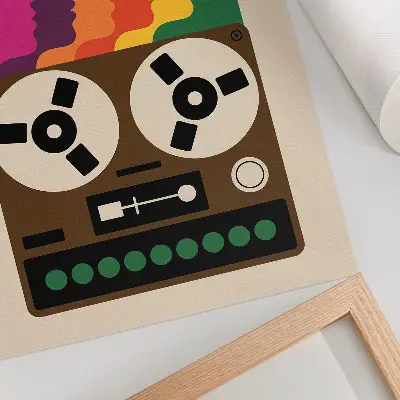Art print featuring colorful silhouettes of a retro tape recorder