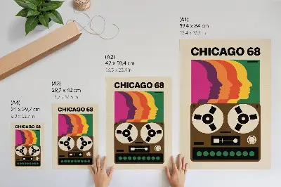 Art print featuring colorful silhouettes of a retro tape recorder