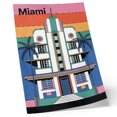 Decorative poster featuring tropical Art Deco palm trees in Miami colors