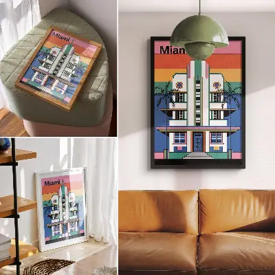 Decorative poster featuring tropical Art Deco palm trees in Miami colors