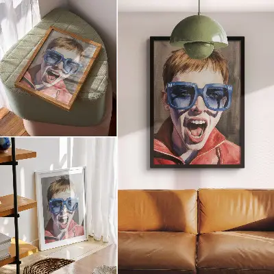 Art print portrait of a person wearing glasses in vivid colors with expressive emotions