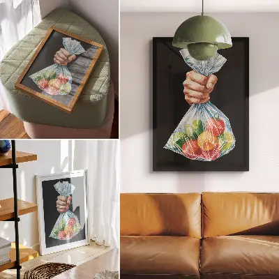 Premium wall art a hand holding a plastic bag filled with colorful fruit