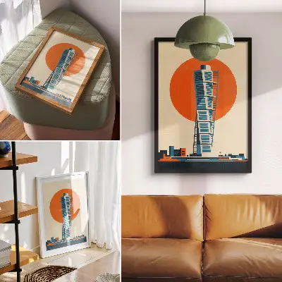 Poster orange sun with modern skyscraper geometric shapes