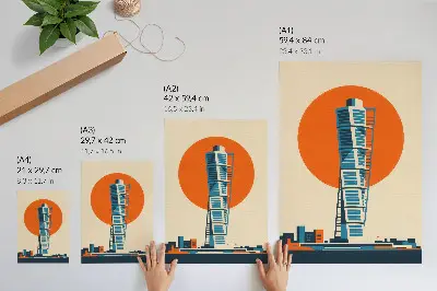 Poster orange sun with modern skyscraper geometric shapes