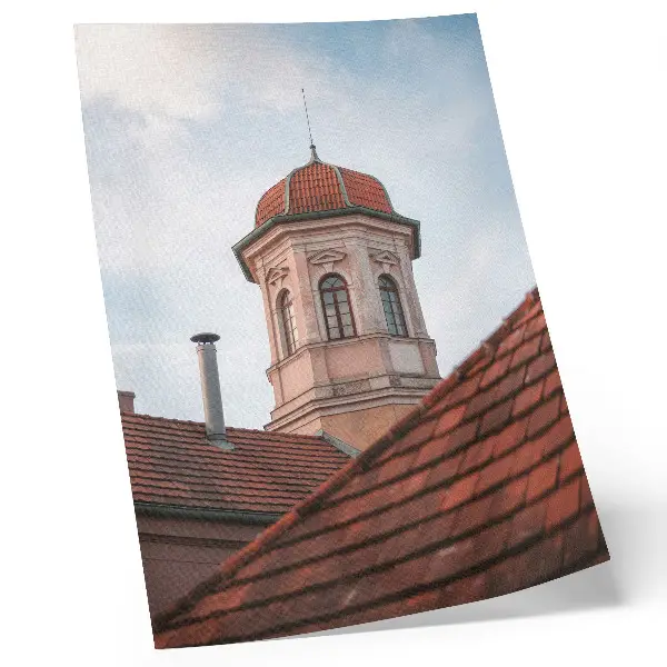 Art print rustic tower with brick roof tiles and blue sky
