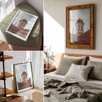 Art print Rustic tower brick roof tiles blue sky