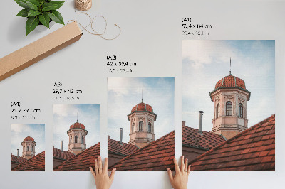 Art print Rustic tower brick roof tiles blue sky