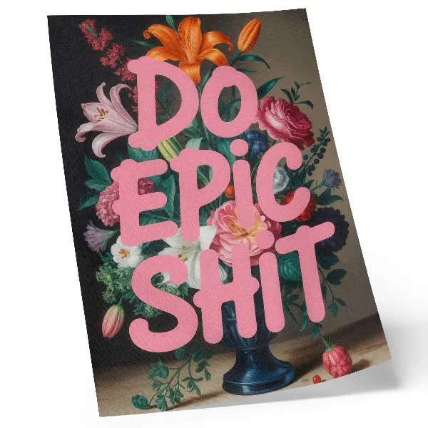 Colorful flowers wall art with pink lettering and vivid contrast