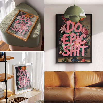 Premium wall art Colorful flowers pink lettering vivid contrast