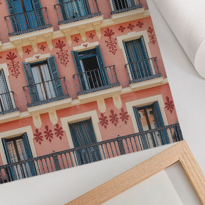 Decorative poster Symmetrical facade with navy blue shutters and floral decorations