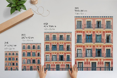 Decorative poster Symmetrical facade with navy blue shutters and floral decorations