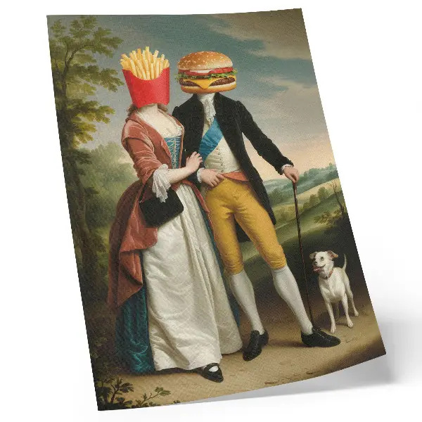 Art print featuring a surreal humor scene with burger and fries heads