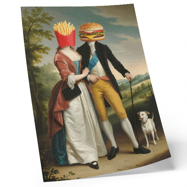 Art print Surreal scene humor heads fries hamburger