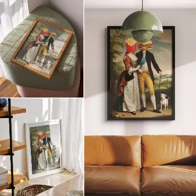 Art print featuring a surreal humor scene with burger and fries heads