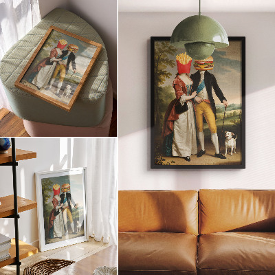 Art print Surreal scene humor heads fries hamburger